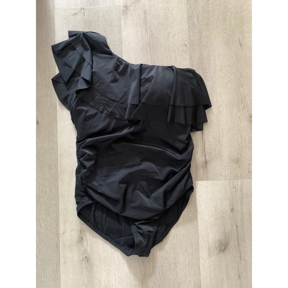 Cacique Swim One Piece Ruffle Swimsuit Black Repreve Recycled Plus Size 16 NEW
